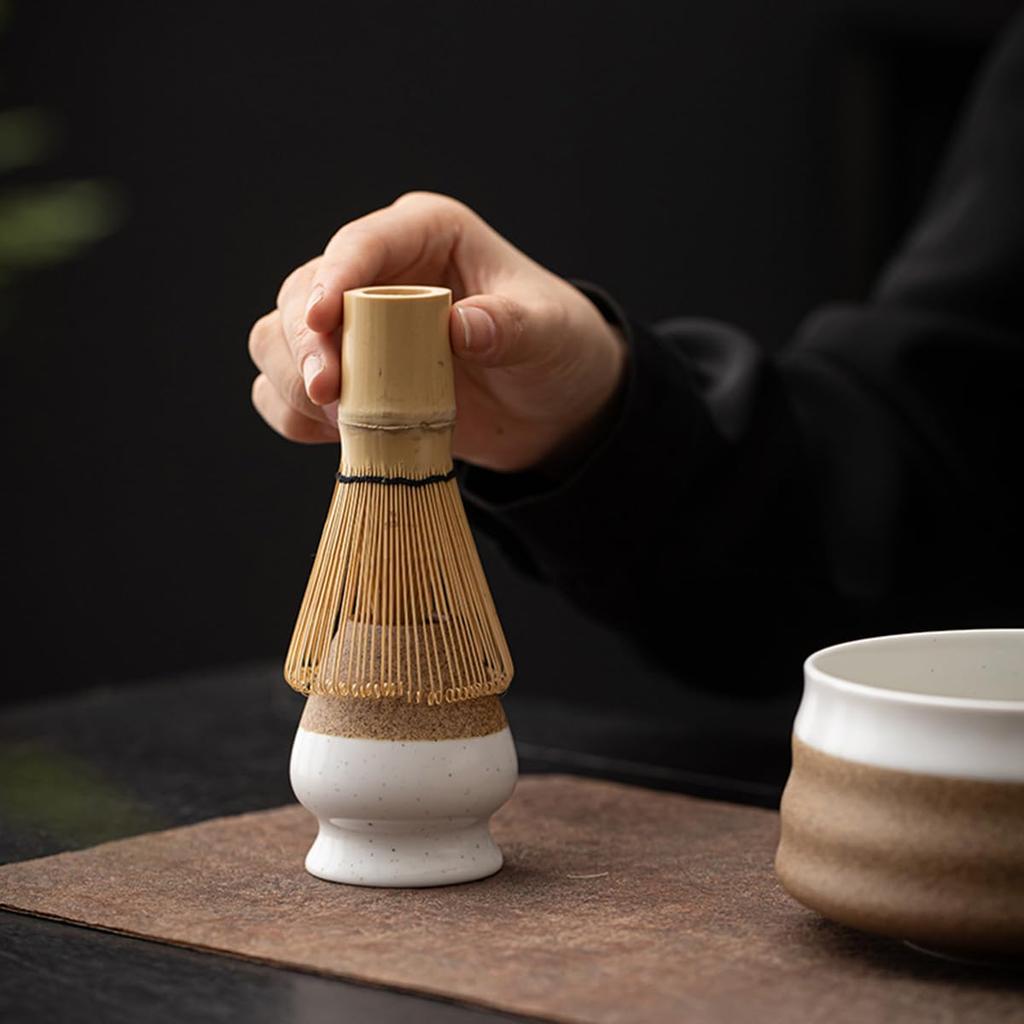 Tea Ceremony Utensils: Straightened Ceramic Chasen and Chasen Stand for Matcha Tea Making (Green)