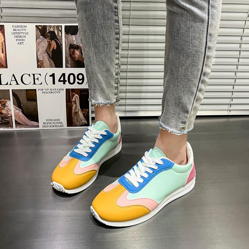 Fashion Women's Casual Single Shoes Spring New Round Head Multi-color Front Lacing Soft Sole Non-slip Low-top Sneakers
