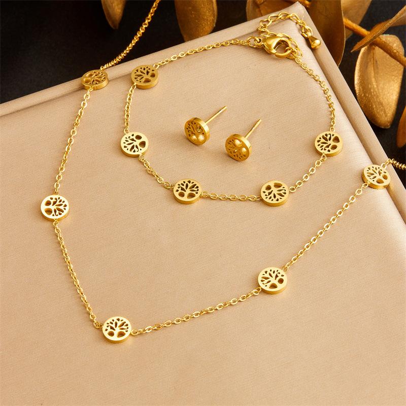 Gold Tree of Life Jewelry Set Necklace Bracelet Earrings золотой