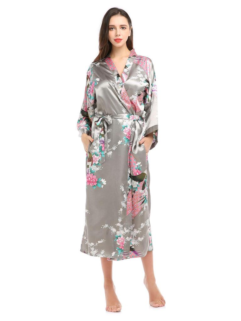 Peacock Print Long Summer Pajama Cardigan with Pockets
