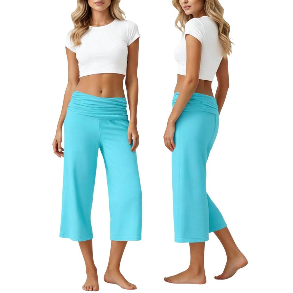 Womens Fold Over Cropped Pants Flared Bottom Fold Over Sweatpants Low Yoga Strechy Casual Wide Leg Sweatpant