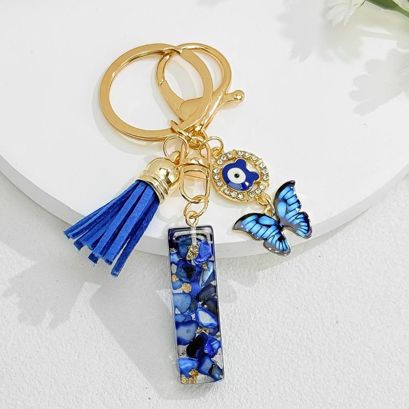 Fashion Blue Glazed Stone A To Z Letter Keychain 26 Initials Alphabet Butterfly Tassel Pendant Car Keyring Women Jewelry Gifts