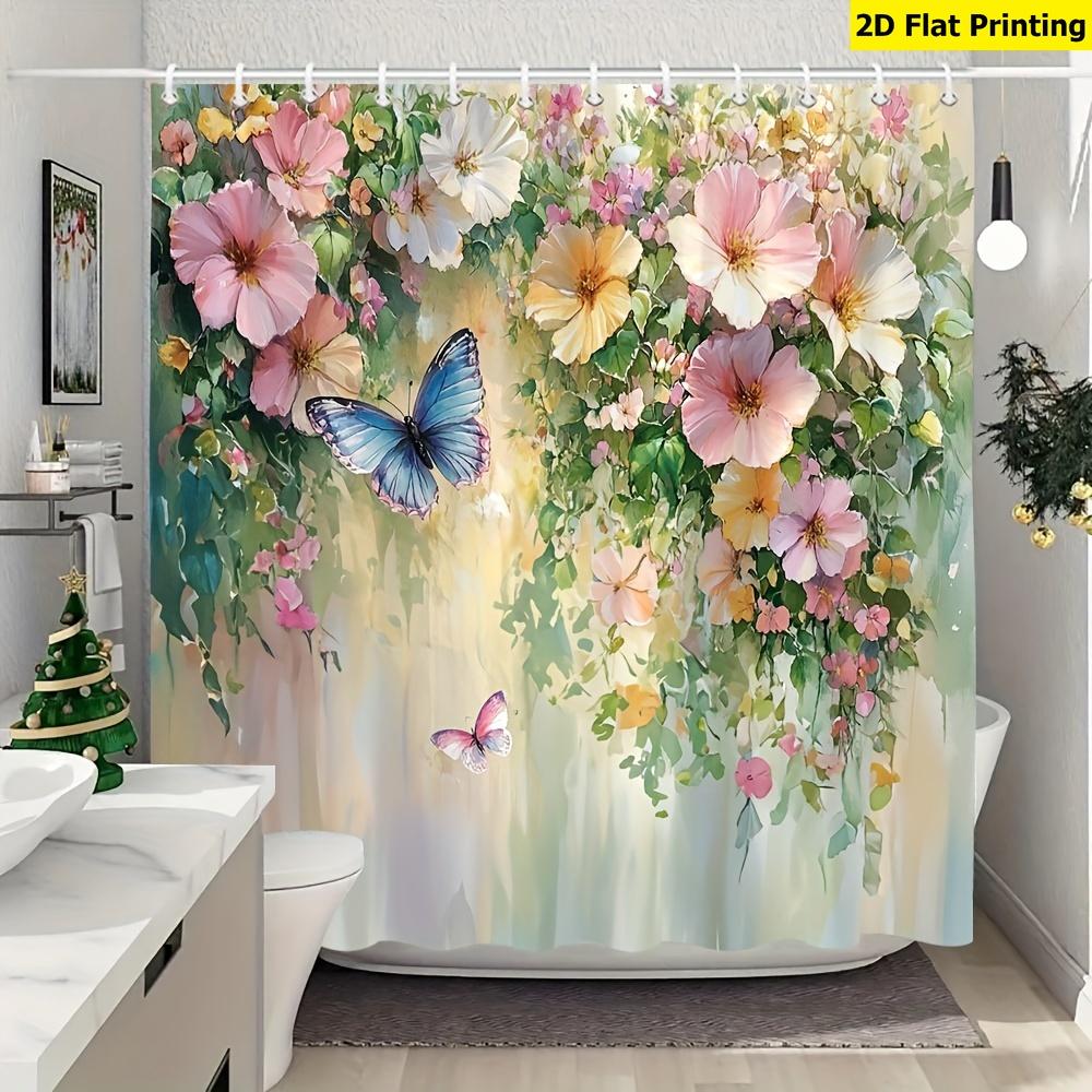 1Pcs Shiny Butterfly Flower Waterproof Shower Curtain Modern Polyester Bathroom Partition 12 Hooks