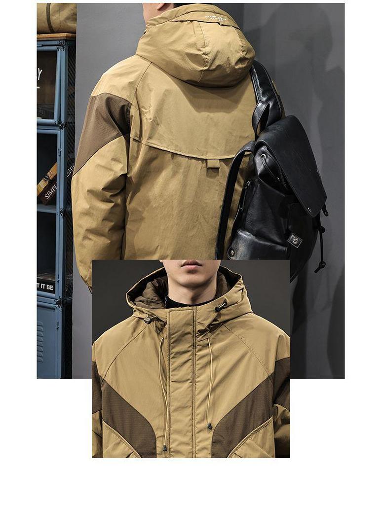 2025 Winter Men's Trendy Color Block Hooded Cotton Jacket: Loose Fit Casual Workwear Outerwear