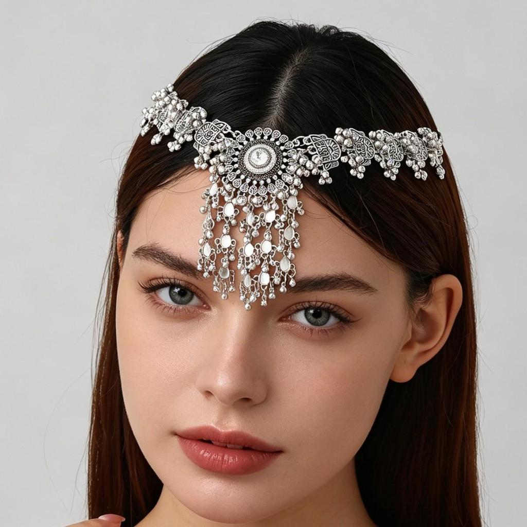 Ethnic Retro Tassel Rhinestone Forehead Chain for Indian Bride