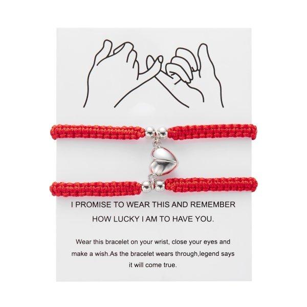 2 Pcs Lucky Red Braided Rope Bracelet for Women Men Romantic Heart Magnetic Matching Bracelets Lovers Valentine's Day Zircon