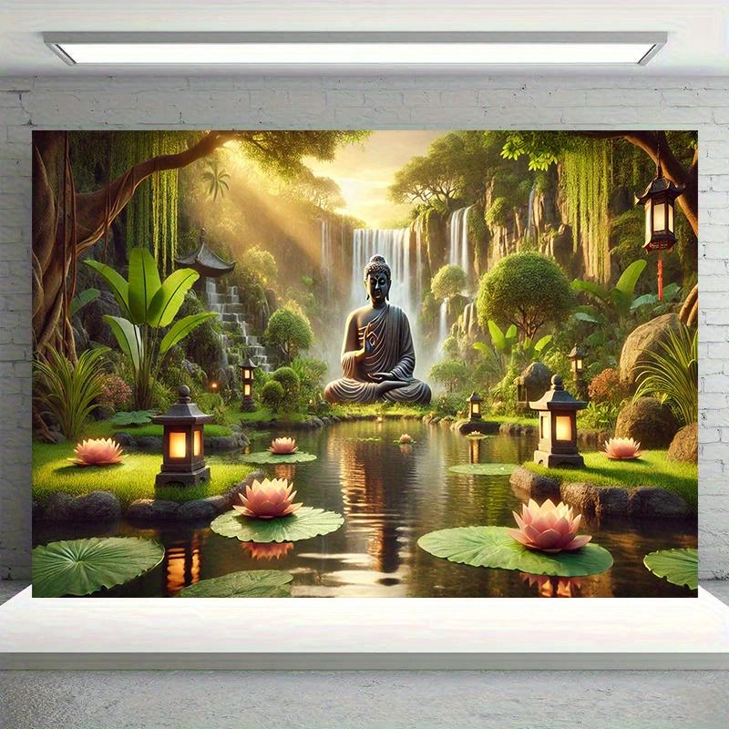 Buddha Garden Waterfall Tapestry Zen Landscape Art Lotus Pond Decor Peaceful Nature Wall Hanging Living Room Print