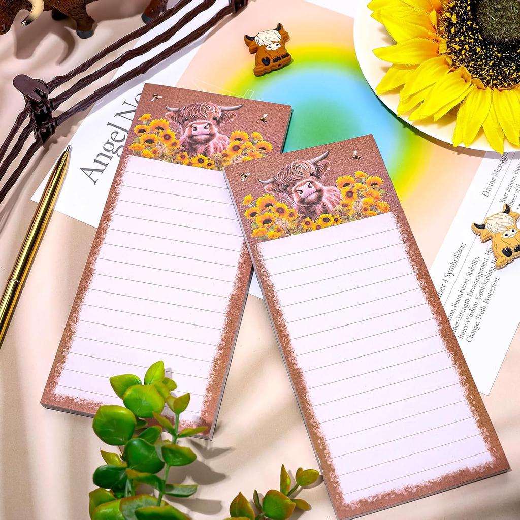 2Pcs Highland Cow Magnetic Notepads Rustic Cow Sunflower Bee List To-Do Paper Pad Brown Grocery Shopping List Memo Pad For Home Kitchen Fridge Decor