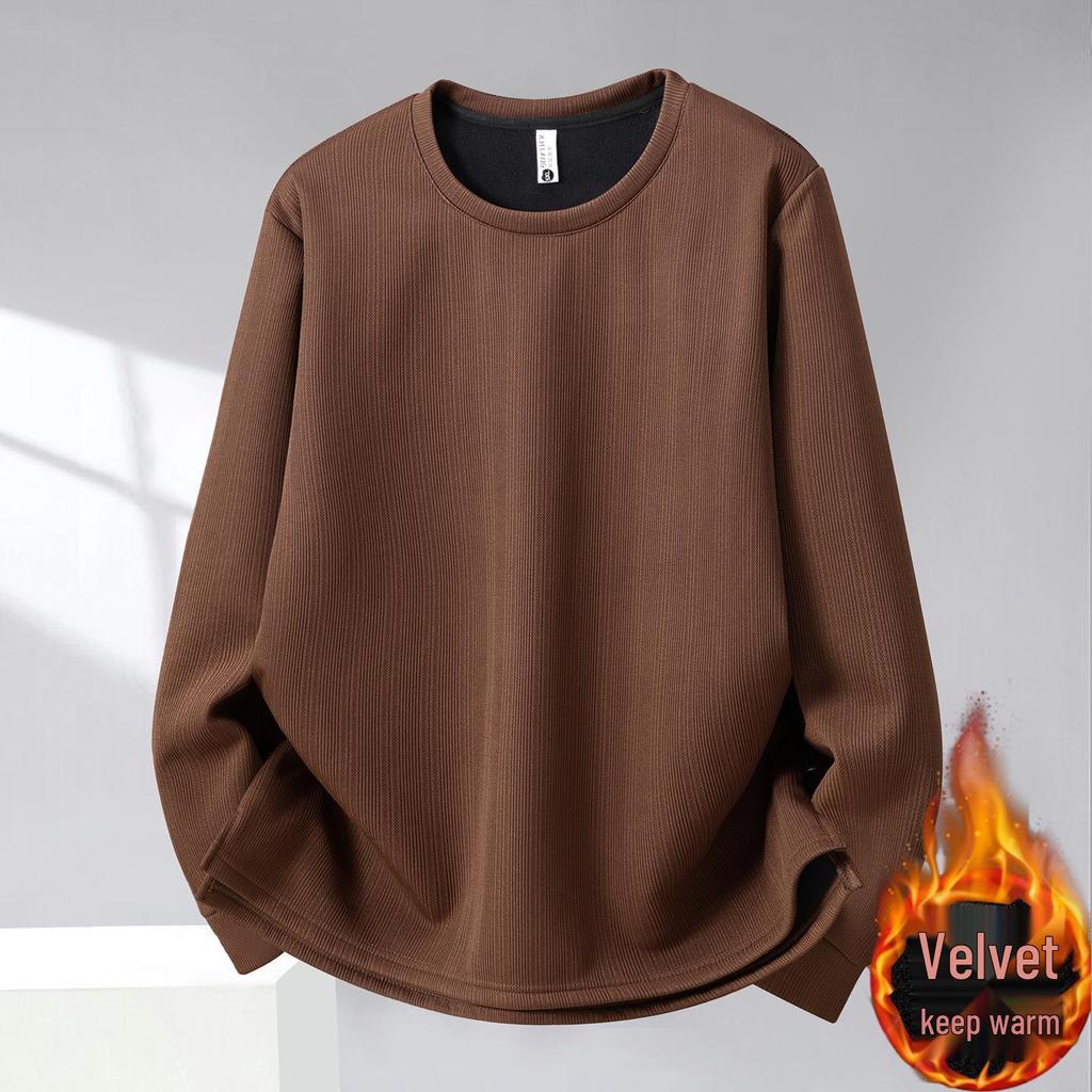 Men's Long-Sleeve Fleece-Lined Hoodie T-Shirt - Solid Color, Round Neck, Plus Size for Spring & Autumn