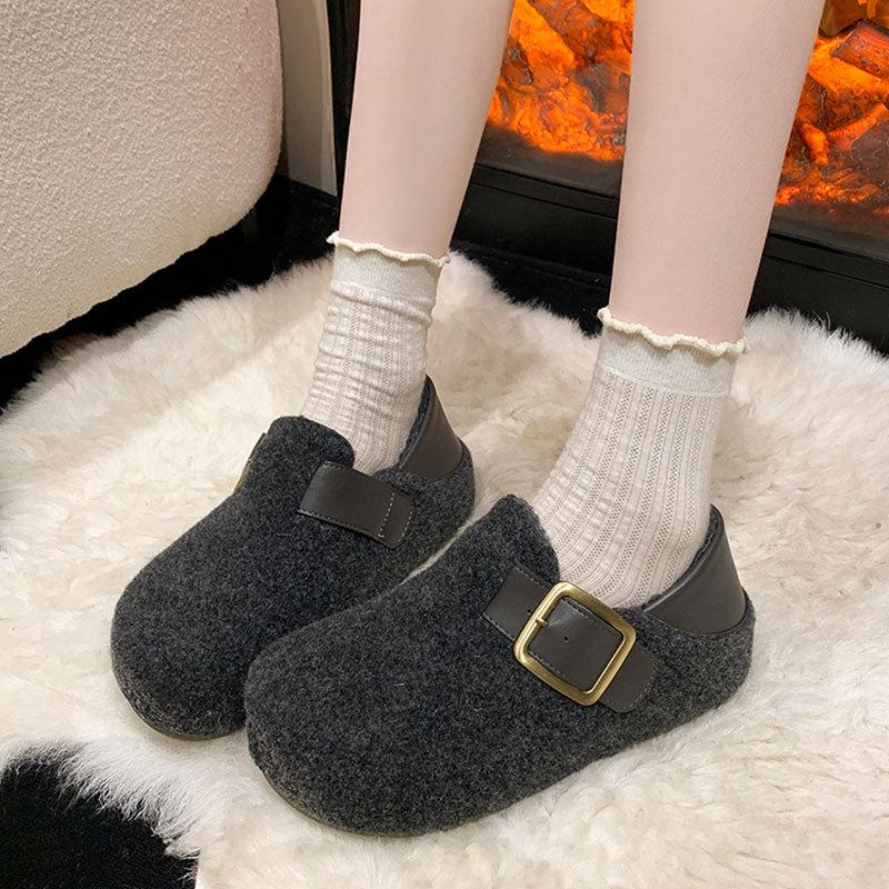 Inner Height Increase Full Bun Women's Shoes Autumn and Winter New Velvet Thickened Warm Cotton Shoes One Pedal Lazy Shoes