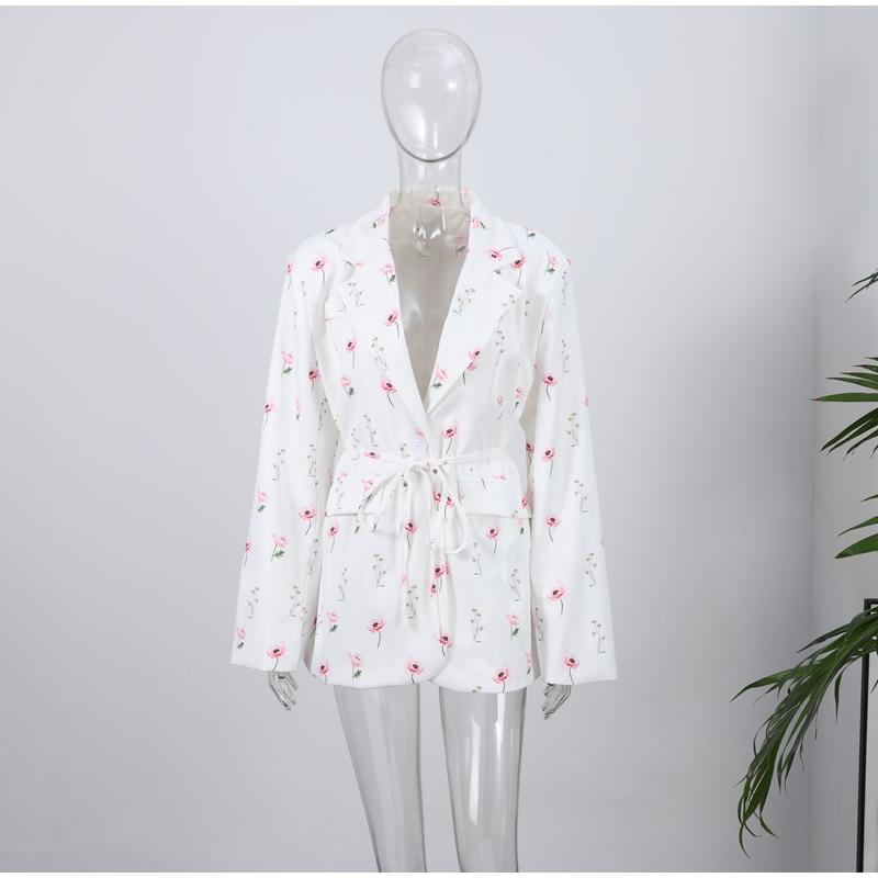 Dámské sako s potiskem, klopami a vázáním v pase, volný kabát s dlouhým rukávem, tenký, jaro a léto 2025