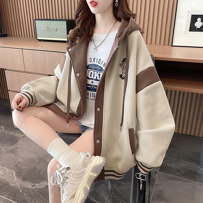 Baseball jersey women's long-sleeved velvet thickened cartoon loose and thin cardigan contrasting sweater women