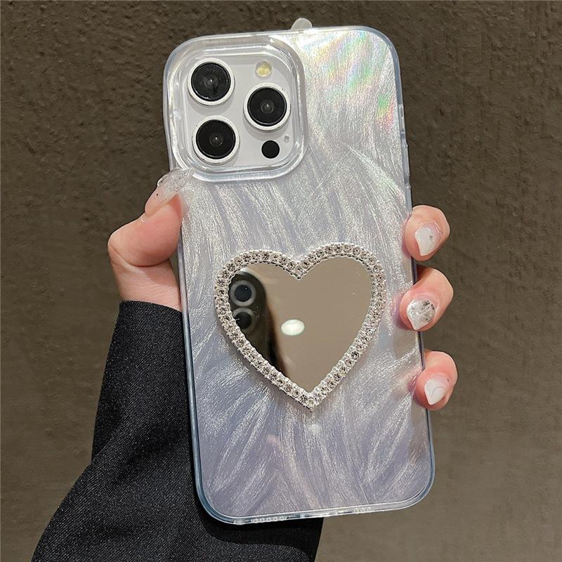 

Luxury Diamond Love Heart Makeup Mirror Laser Phone Case For iPhone 16 15 14 11 Pro Max XR X XS Shockproof Bumper Cover Pc + tpu&iPhone XS Max