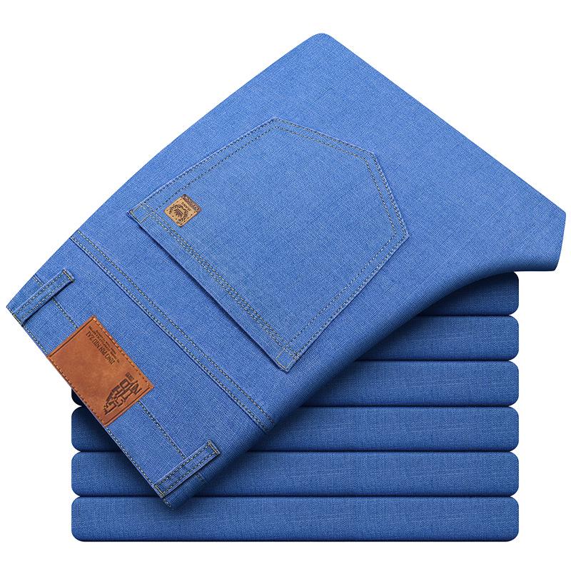 Men s Spring/Summer Elastic Loose Straight Denim Trousers - Trendy Business Casual Pants 34 - 27-inch Waist