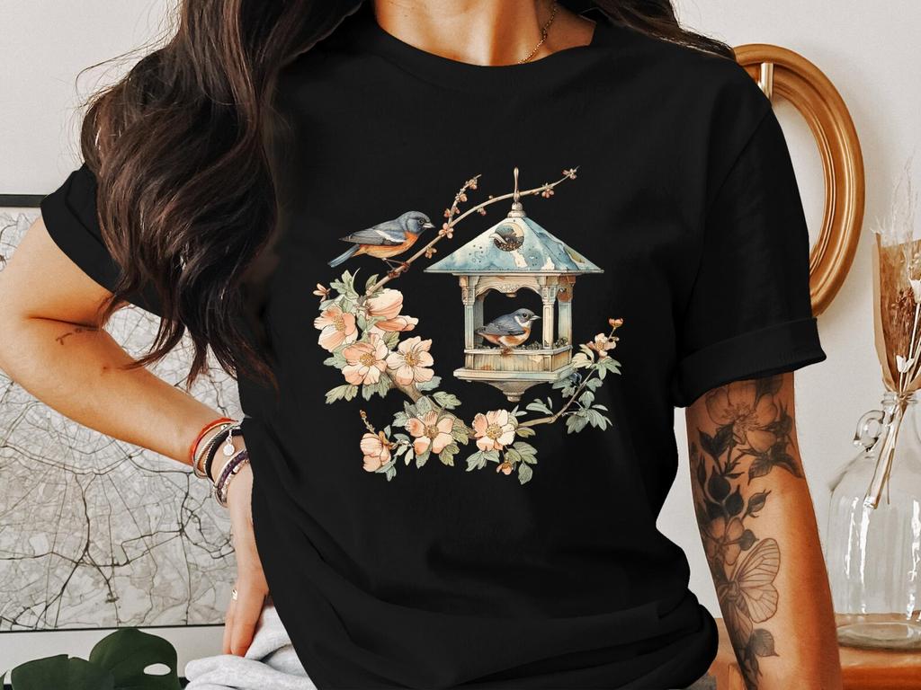 Bird T-Shirt, Floral T-Shirt, Birdhouse T-Shirt, Cottagecore T-Shirts, Nature T-Shirts, Vintage T-Shirt, Spring T-Shirts
