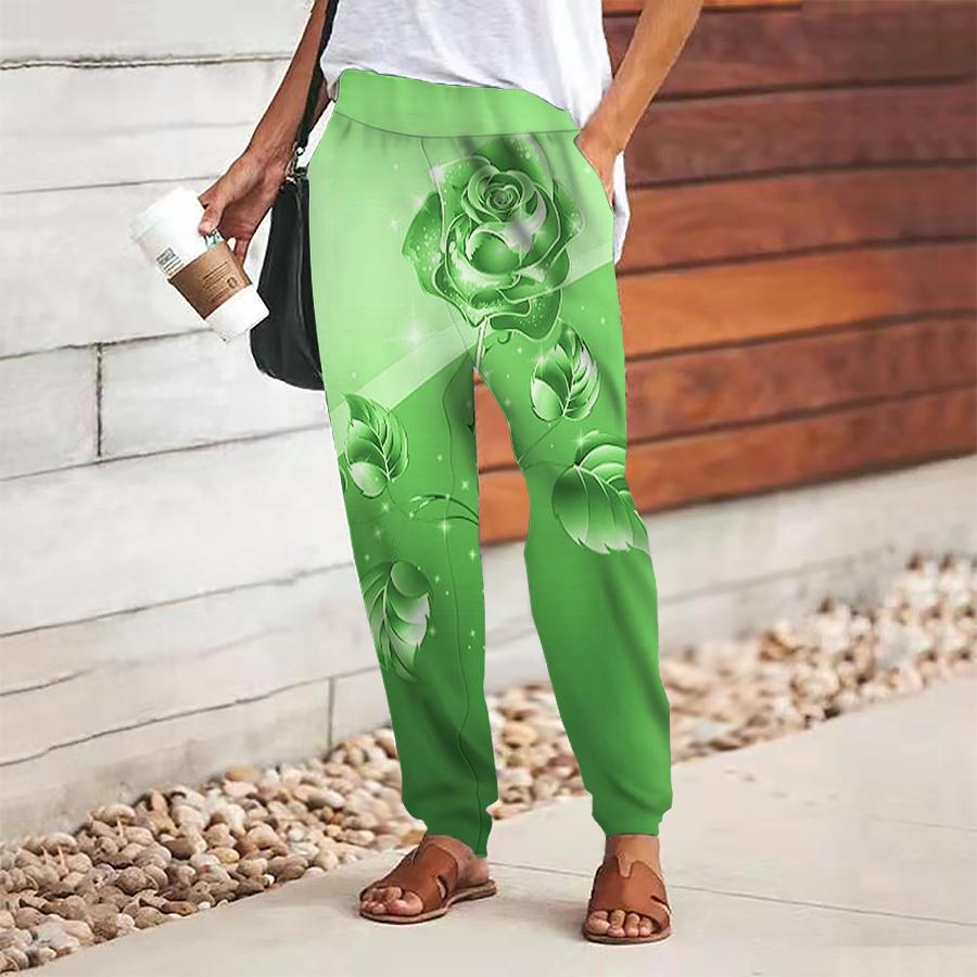 Women Flower Printing Pants Lace Up Elastic Waist Loose  Trousers Casual Long Pants Trousers with Pockets