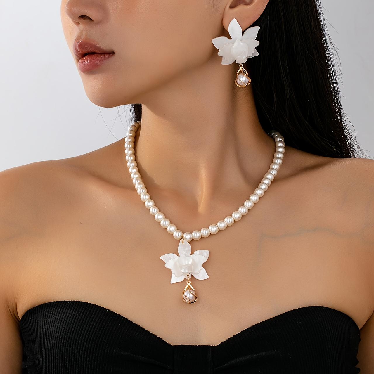 Vintage Elegant and Grand Necklace with Imitation Glass Pearls, White Acrylic Camellia Flower Earrings and Pendant, Exaggerated Flower Necklace Set