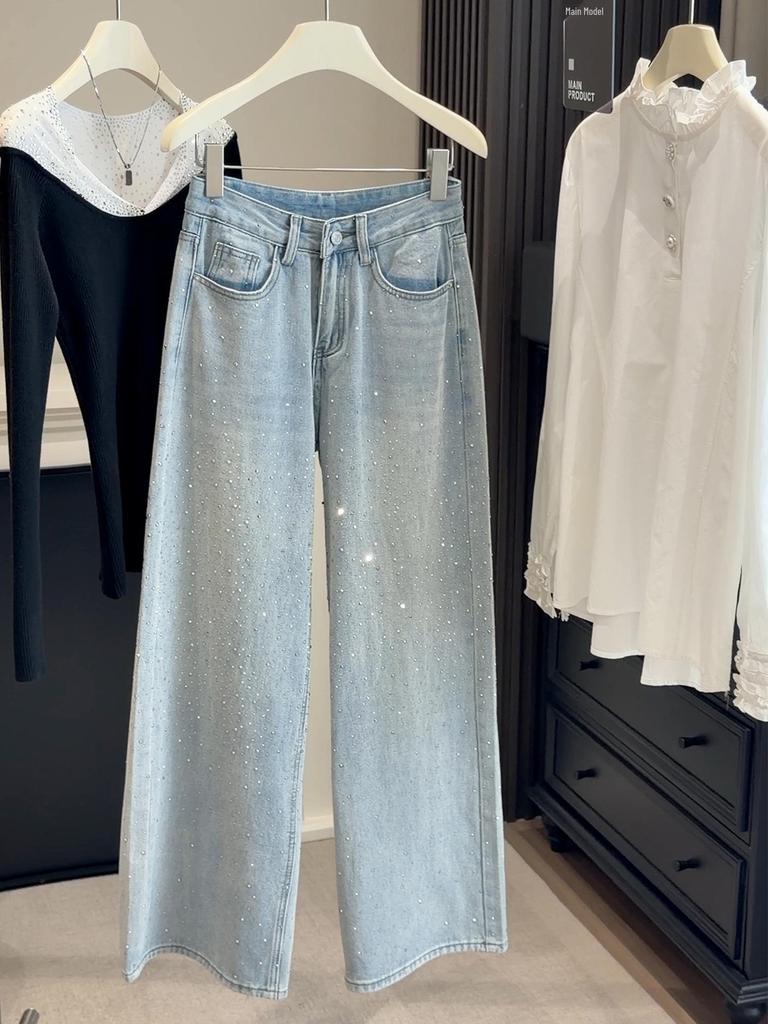 Spring Starry Rhinestone Sparkle Wide-Leg Jeans - Women's Loose-Fit Slimming Pants