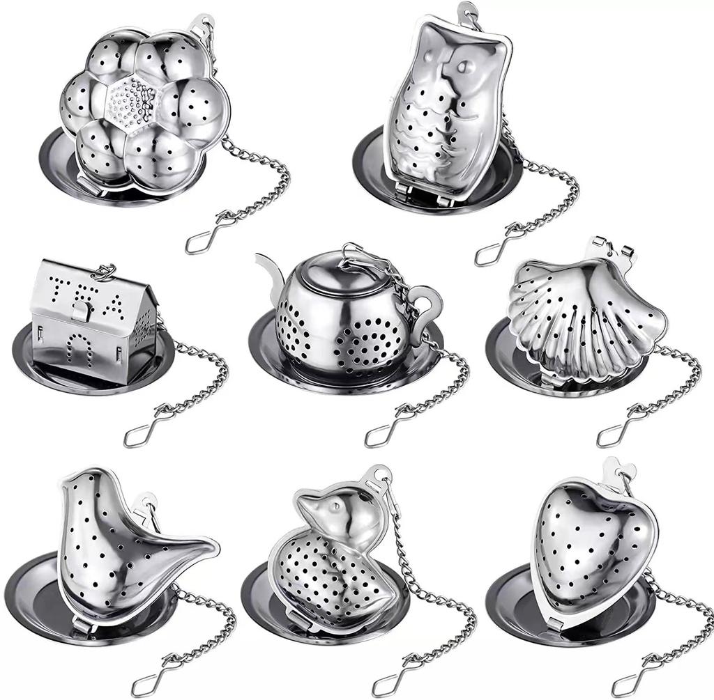 1Pc,Stainless steel chain tea leakage owl small teapot house bird duck shell type tea filter creative tea maker