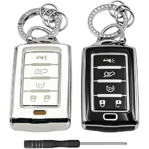 2 Pack TPU Key Fob Cover with Keychain, Full Wrap Shockproof Key Case Protector Compatible with Grand Cherokee L Grand Wagoneer 2021-2025 Smart Key
