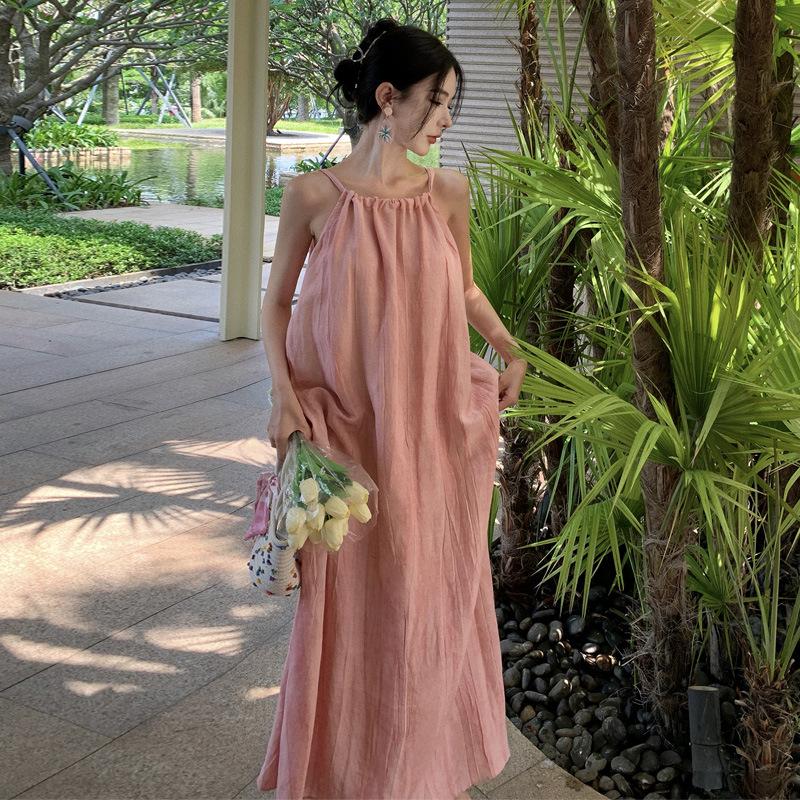 

YYFS Женская мода лето весна однотонный принт без рукавов подтяжки свободная талия повседневные платья L