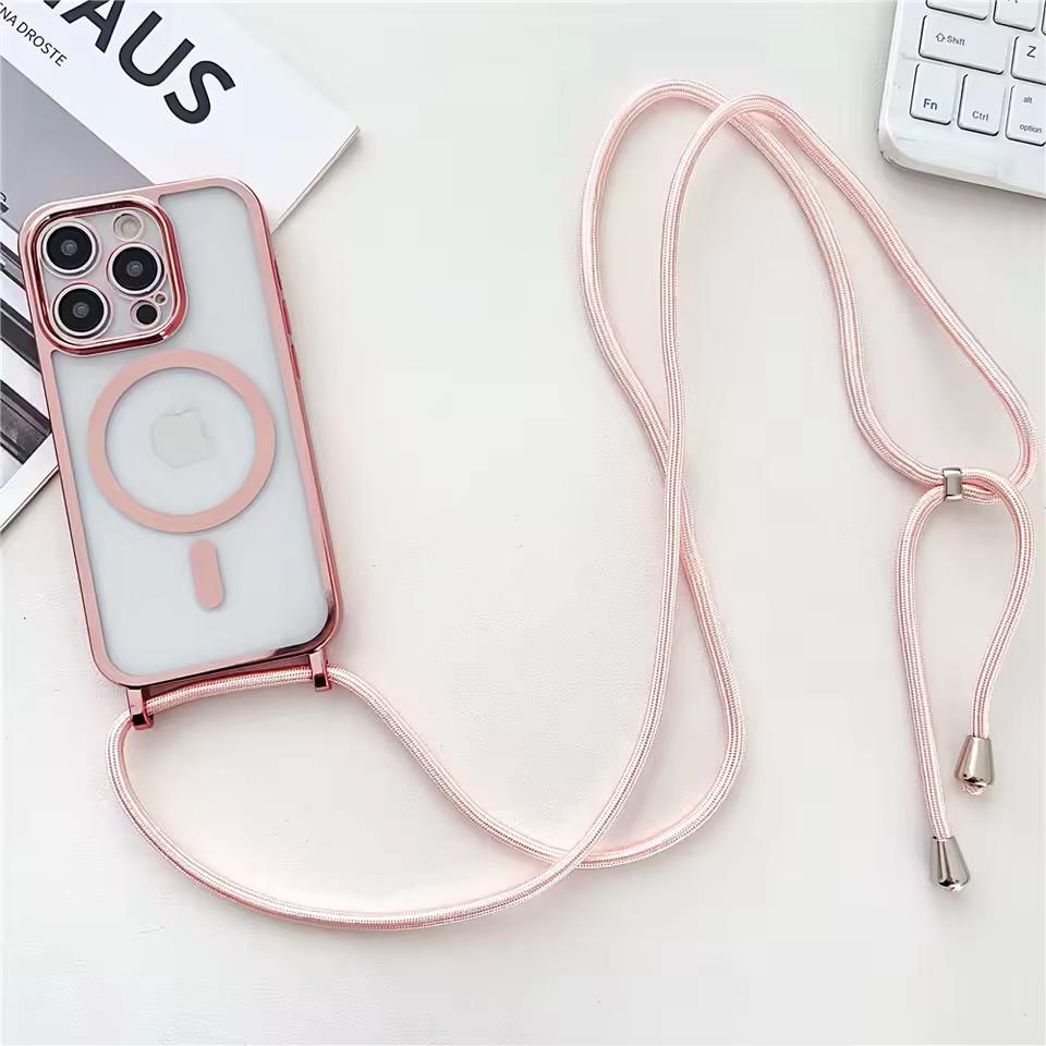 Luxusní šňůrka na krk Lanyard Pokovování Magnetický Průhledný Kryt na Telefon Pro iPhone 17 16 15 14 13 12 Pro Max 11 Pro Magsafe Měkký Kryt