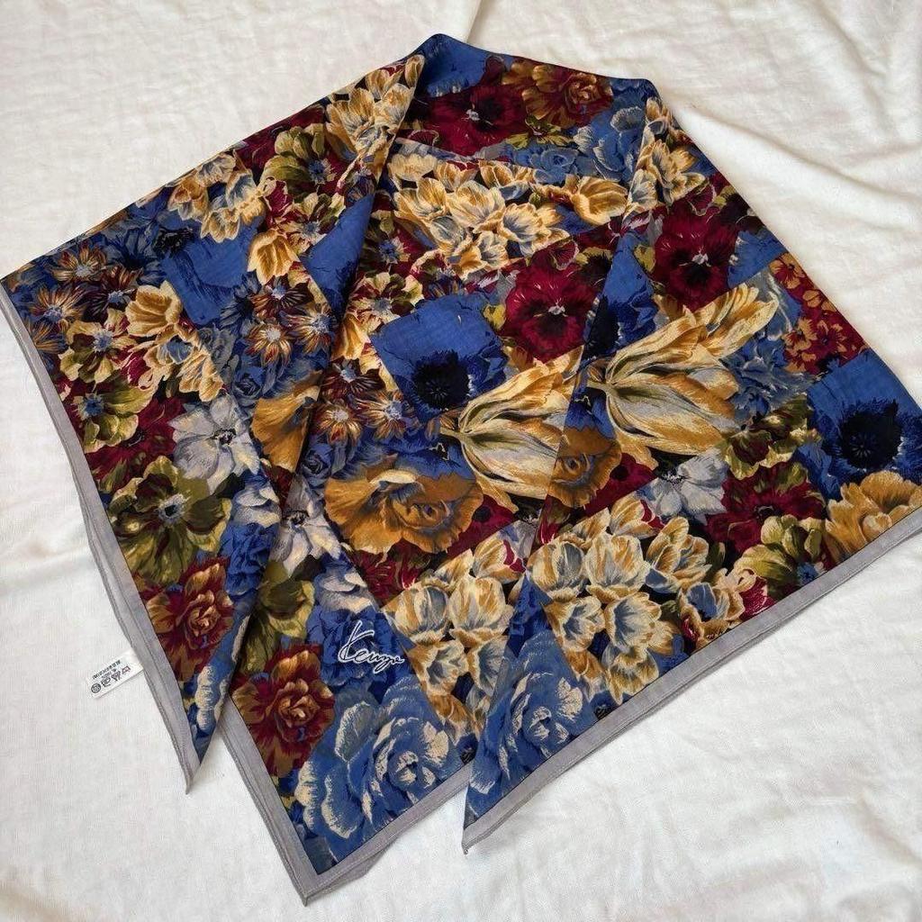 Used Kenzo Large Shawl, Thin Wool, Floral Pattern, 103cm, Stole