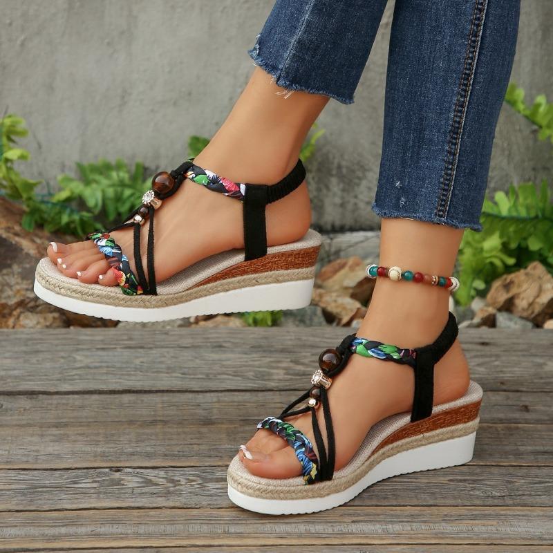 Women's Wide Width Ethnic Sandals, Beaded Elastic Wedge Slides, Wholesale Summer Shoes in Stock