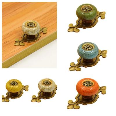 Fashion Single Hole Ceramic Knob Ethnic Style Antique Bronze Flower Pull Handle Ceramic Drawer Knobs Dresser