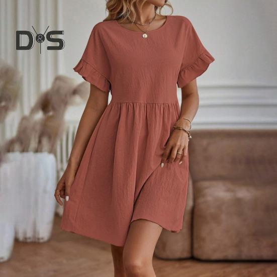 Summer Mini Dress Ruffled Short Sleeves O Neck Pleated A-line Dress Pure Color Loose Hem Dress for Dating Shopping Travel