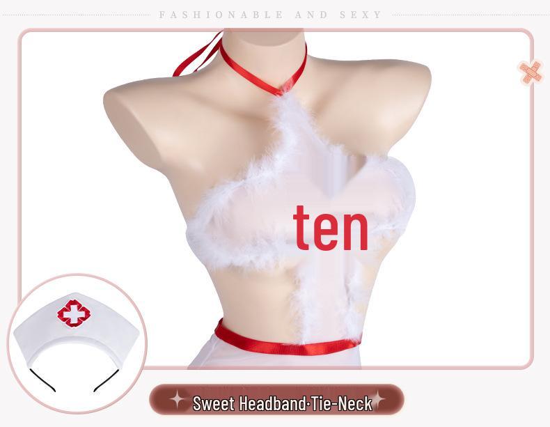 Man Yan Sexy Nurse Bodycon Mini Skirt with Halterneck Cross Back and Fringe Details.