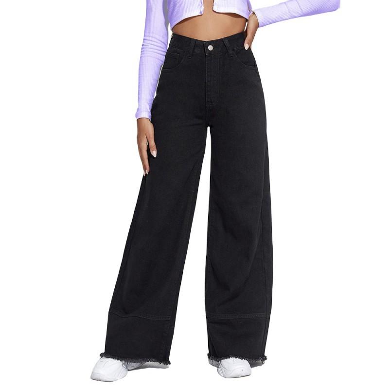 

New American Wide-leg Jeans High-waist Stitching Fringed Loose Pants WOMENJEANS Tassel L чёрный