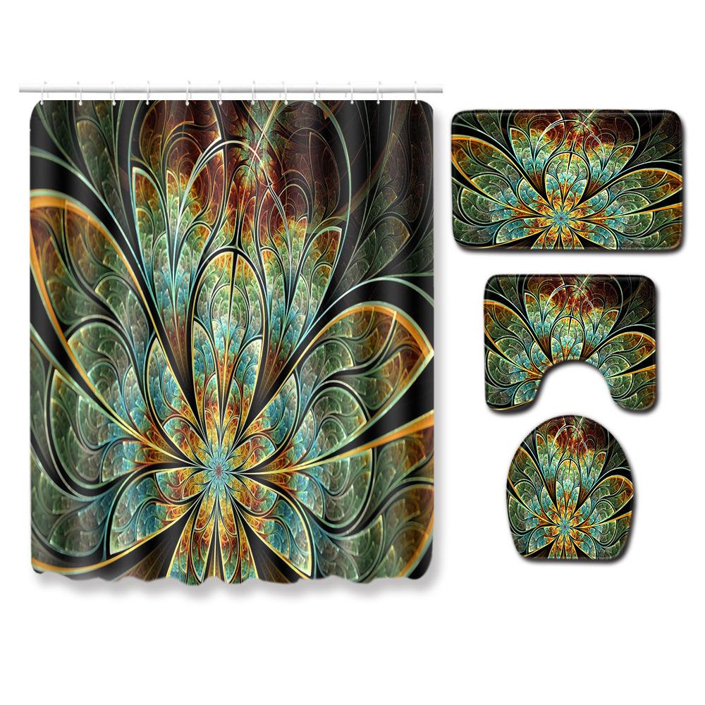 Cool Pattern Shower Curtain Floor Mat Combination Four-Piece Set Bathroom Toilet Carpet Mat Foot Mat