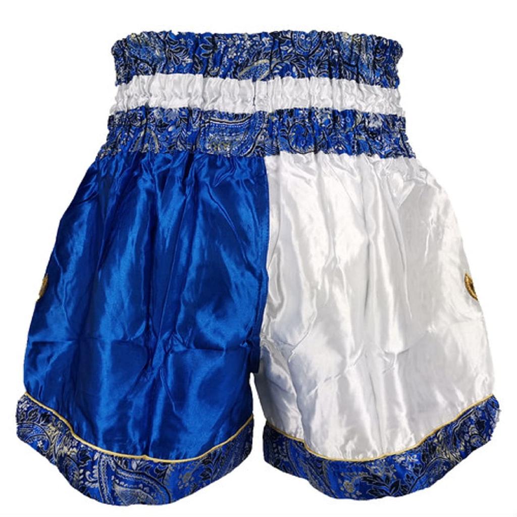 Brighttrust Muay Thai Kickboxing Trunks for Competition and Suitable for and Kids Size K-1 Training, Amateurs, Men, Women, (White & Blue, M)