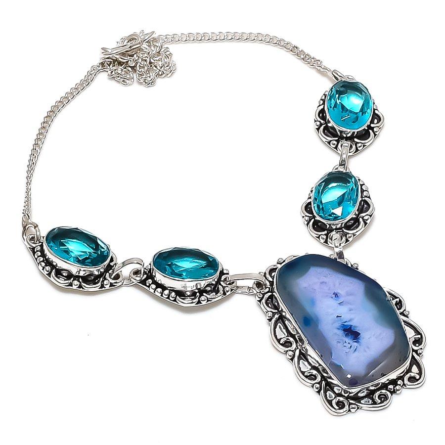 Natural Blue Druzy Slice, Topaz 925 Sterling Silver Jewelry Necklace 18" z5I53
