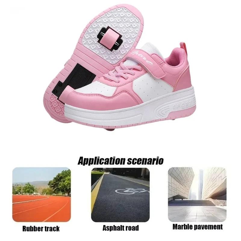 Magic Roller Skates Dual Wheel Slip-on Roller Skating Shoes 2025 New Spring Autumn Leather Surface Sports Shoes For Women Kids