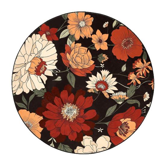 Round Floor Mat Plant Flowers Pattern Non-Slip Rubber Backing Machine Washable Decorative Rug Living Room Bedroom Kitchen Door Mat
