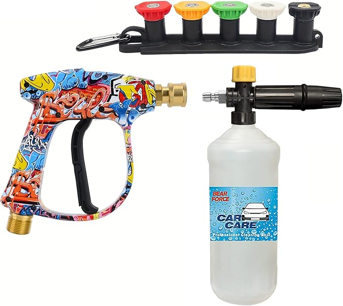 BEAR FORCE Pressure Washer Spray Gun Power Washer Short Gun with M22 Inlet-14mm & Foam Cannon Foam Gun with 5 Nozzles Tips #035