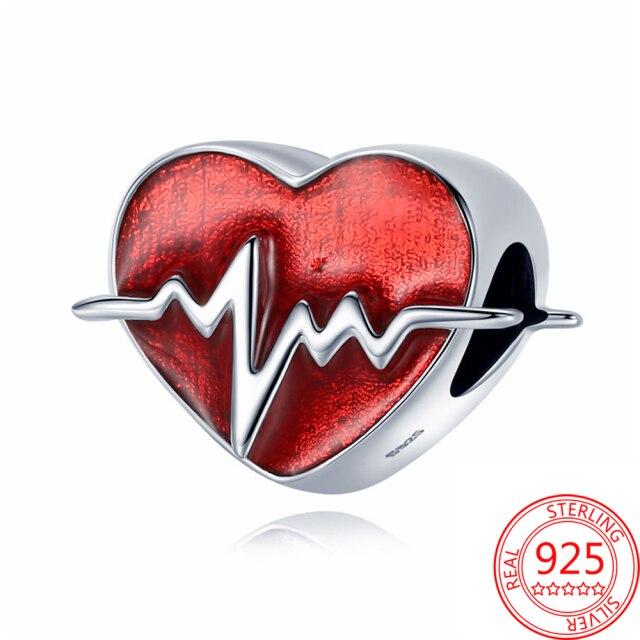 Clasic 925 argint sterling smalț roșu Love Heartbeat & Apple Charm cu margele Se potrivește 3 mm Brățară de modă DIY Bijuterii Fabricare pandantiv
