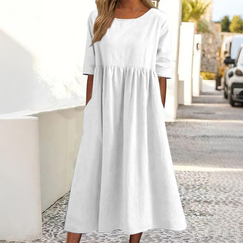 Women's Summer Cotton Linen Dress - Casual Short Sleeve Pleated Pocket Dress, Lightweight & Breathable