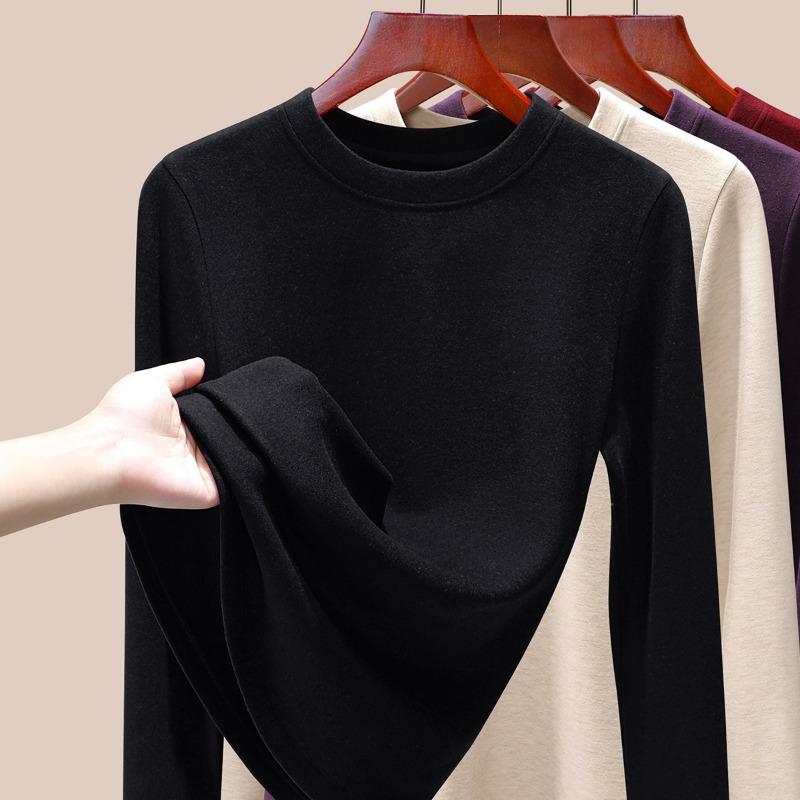 Silk Warm Fleece Heating and Thermal Underwear Women's Inner Fleece Autumn Clothes Single-piece Top Wool Bottoming Shirt Winter