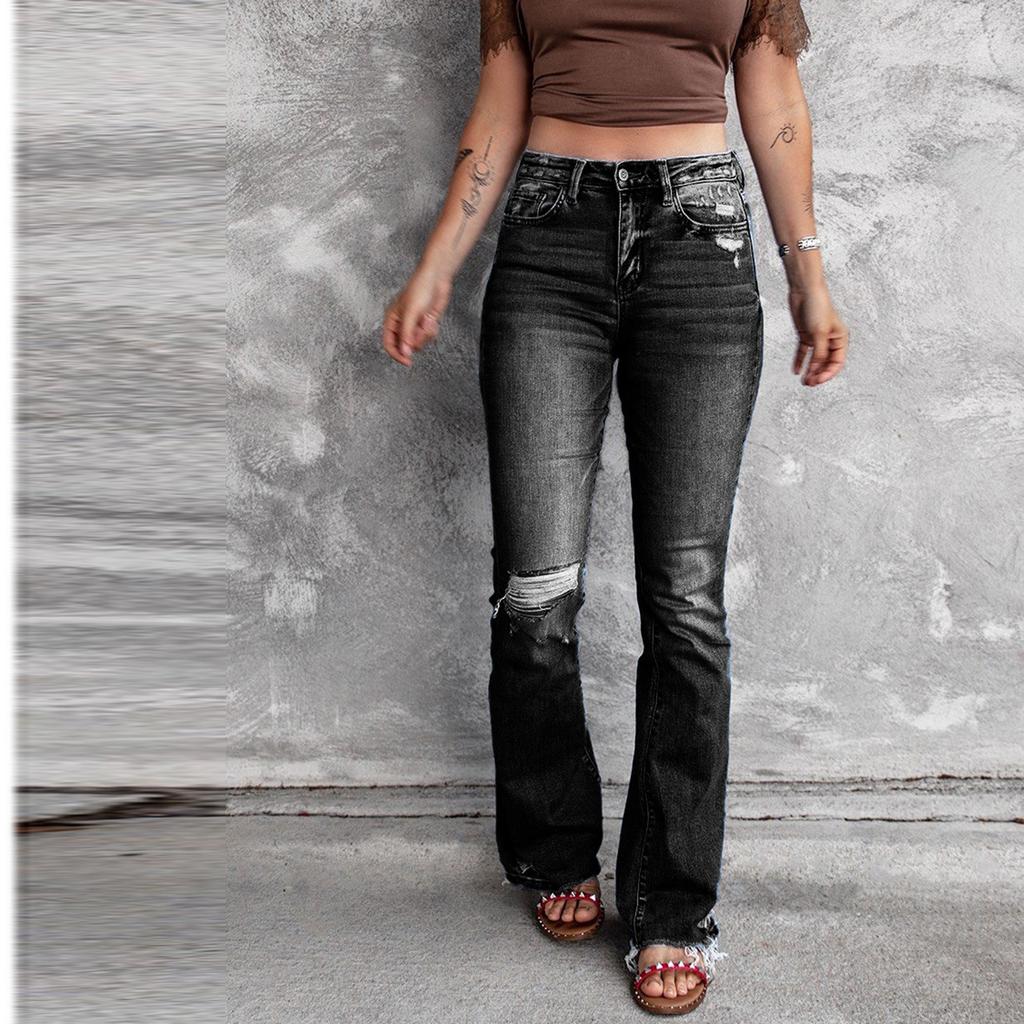 Women's New Fashion Hole High Waist Retro Elastic Slim Micro Flared Pants