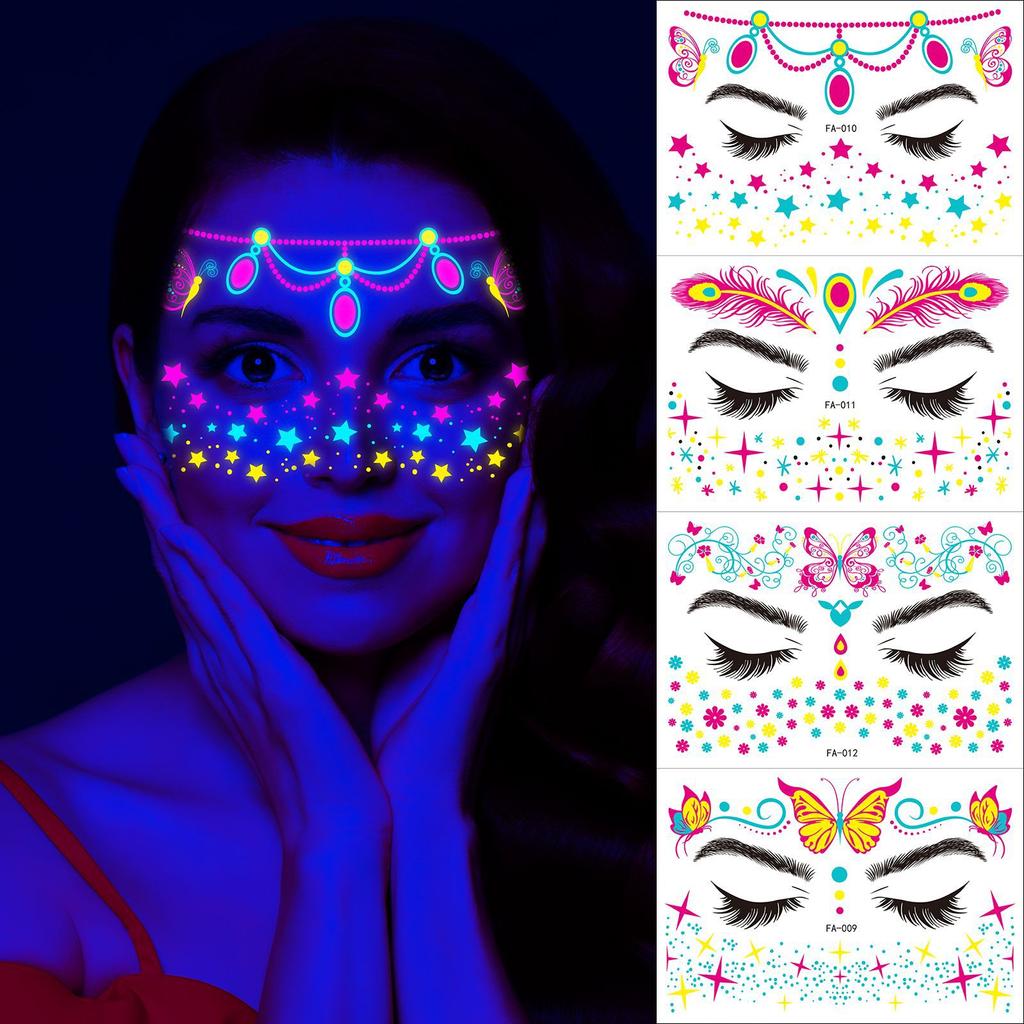 Halloween Neon Tattoo Sticker Fluorescent Butterfly Face Decals Waterproof Luminous Makeup Temporary Tattoo for Masquerade Party