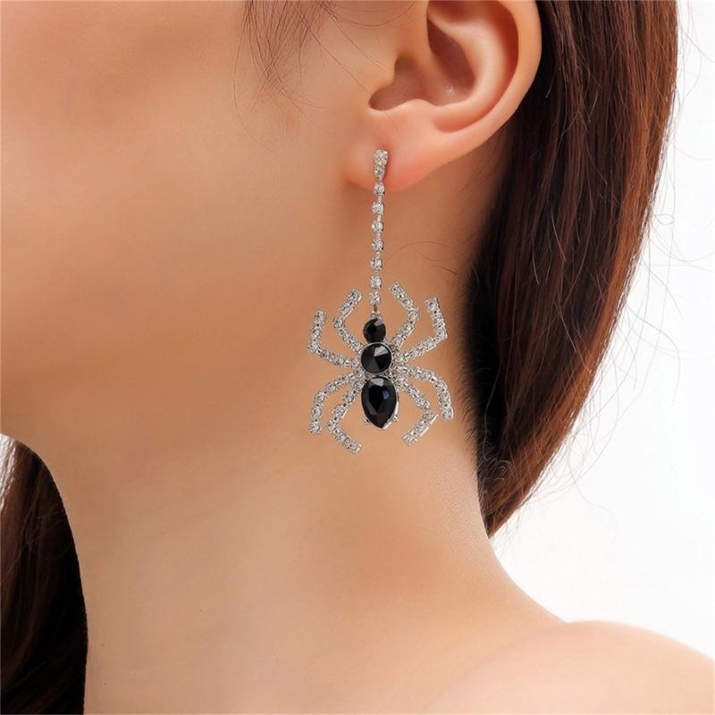 Halloween Jewelry Black Cubic Rhinestones Dangle Spiders Earrings For Women Girl