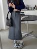 Plus Size Slimming Grey A-Line Midi Skirt with Slit