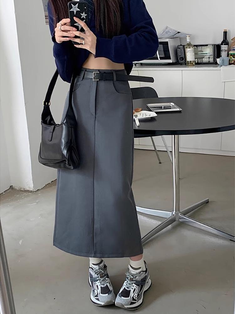 Plus Size Slimming Grey A-Line Midi Skirt with Slit