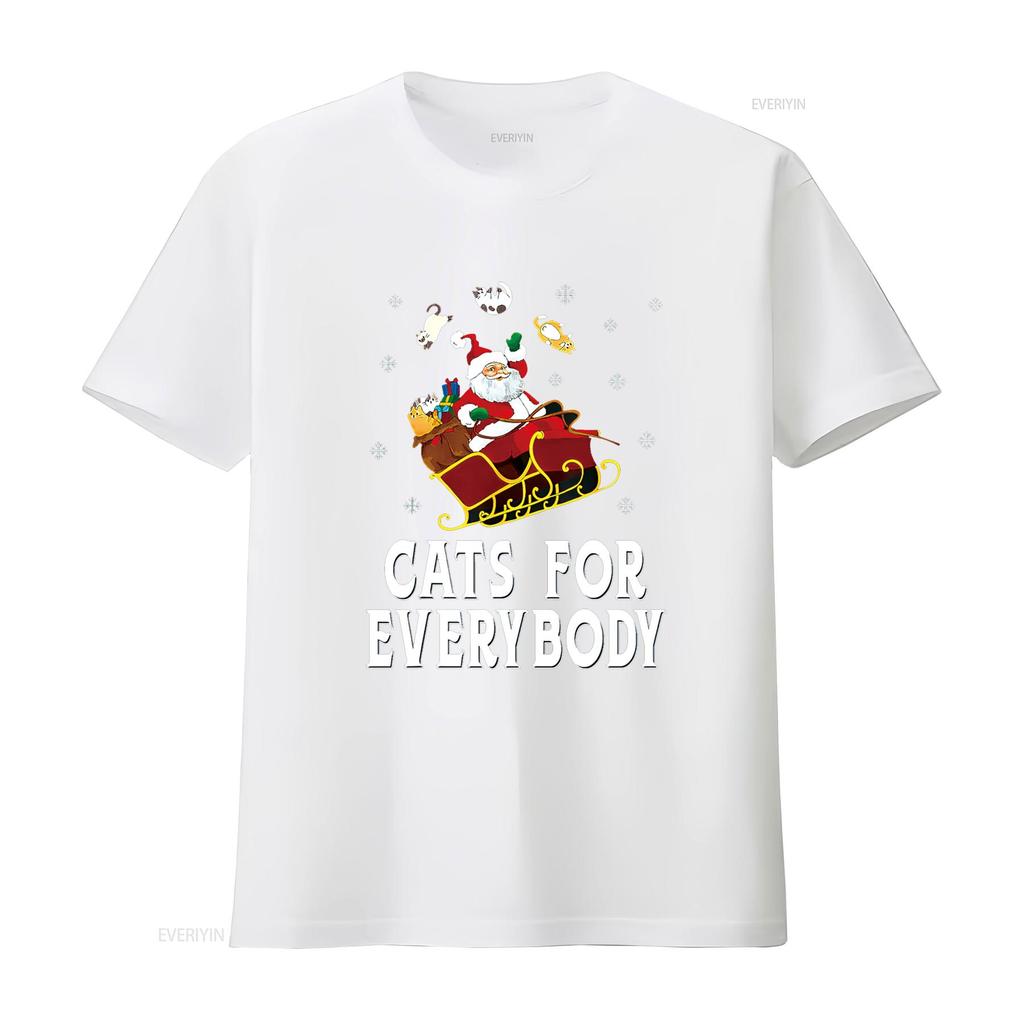 Cats For Everybody Christmas Cat Funny Xmas Women Santa T Shirt Vintage Washed Casual Slightly Homme Stretched Breathable