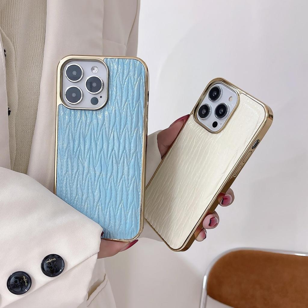 Electroplated Phnom Penh water wave wrinkle pattern iphone16pro mobile phone case for Apple 13 toothpick pattern protective leather case 1