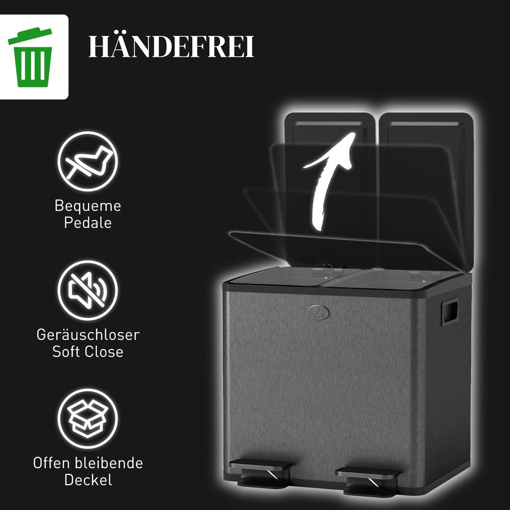 30L Dual Compartment Stainless Steel Bin, with Deodoriser Holders - Black
