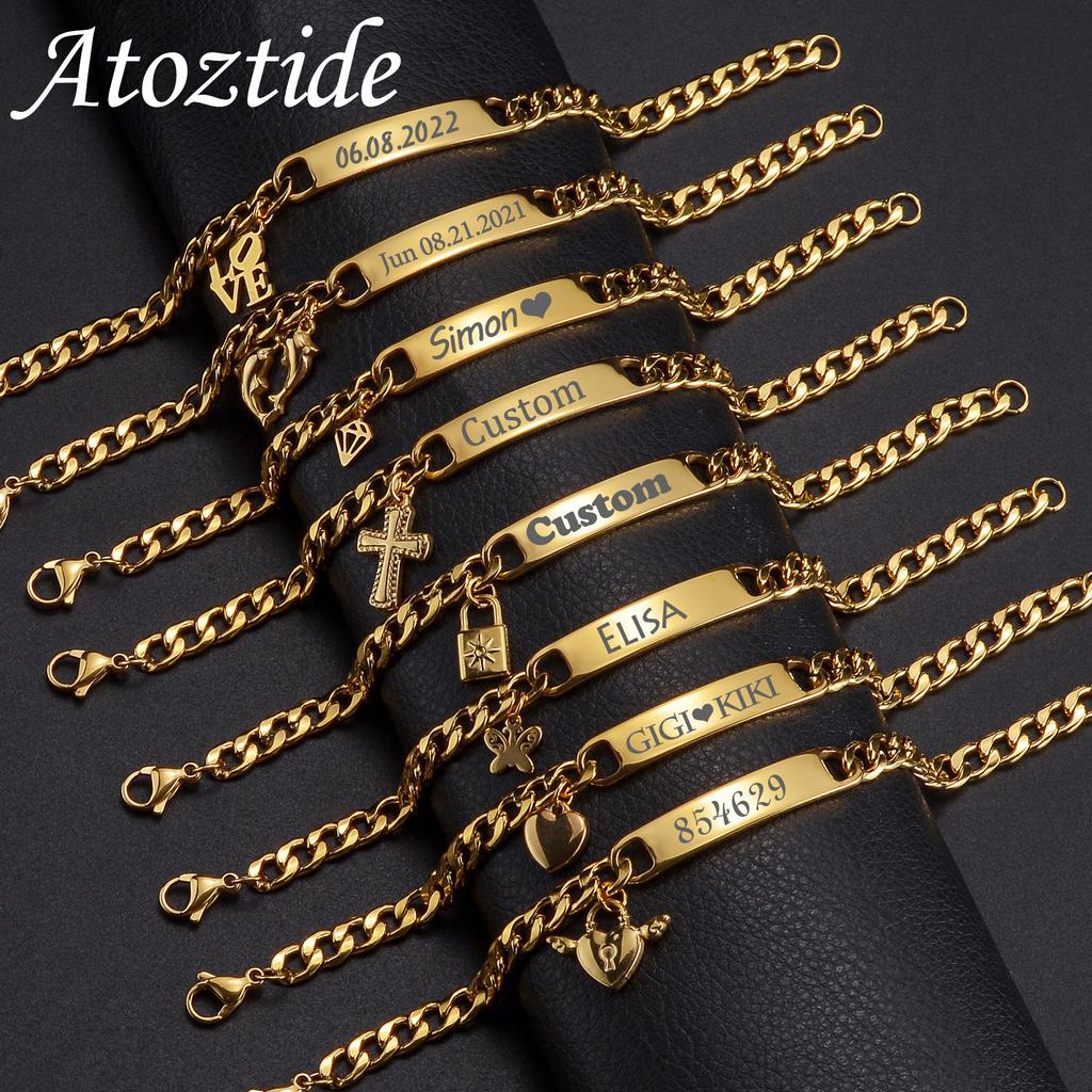 Atoztide Personalized Engrave Name Bracelet Cross Heart Stainless Steel For Men Women Adjustable Cuban Chain Jewelry Gift